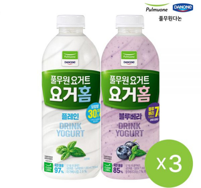 풀무원다논 요거홈 1000mlX3개플레인 블루베리, 2 블루베리X3개