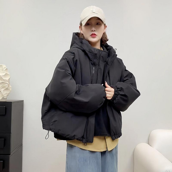 短款連帽衝鋒衣外套女 韓版寬鬆加厚夾克上衣, 黑色