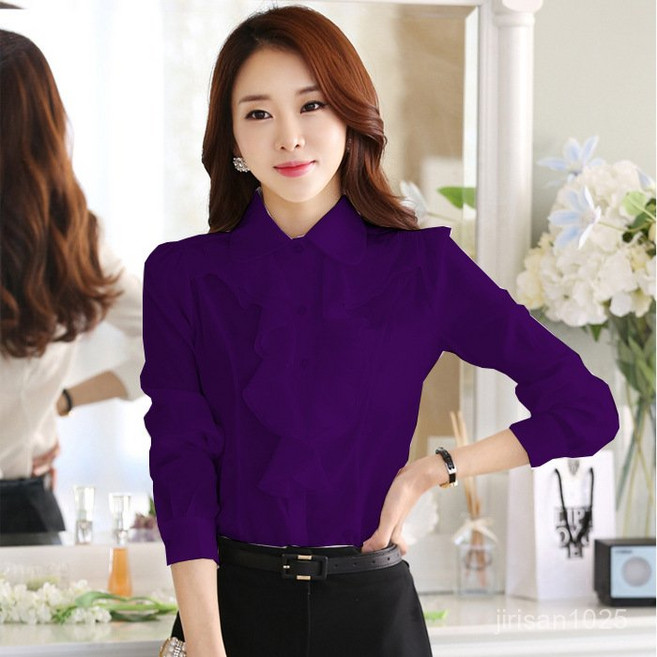 고급스러운 리본 타이 블라우스 여성용 봄가을 한국판 여성용 인형 칼라 레이스 장소매 흰색 쉬폰 셔츠 전문 기본 슬림핏 의류 여성 긴팔 오피스룩 셔츠