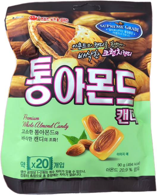 오리온 통아몬드 캔디 90gX7개입/스낵/과자/간식/사탕/땅콩/아몬드 식품 > 스낵/간식 초콜릿/사탕/젤리/껌 캔디류 일반하드캔디, 90g, 7개