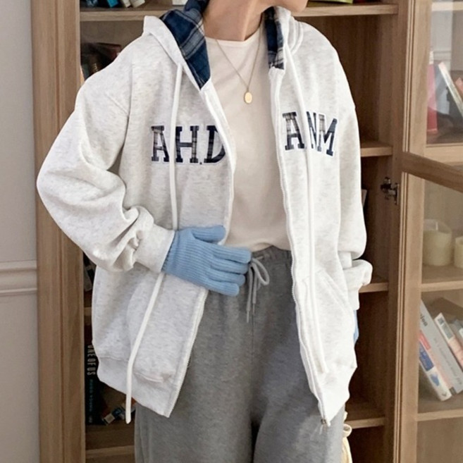 체크 후드점퍼)안감융기모면 영문패치 집업후드 지퍼 모자집업 루즈핏 박시 오버핏 박스후드점퍼 모자지퍼집업 겨울