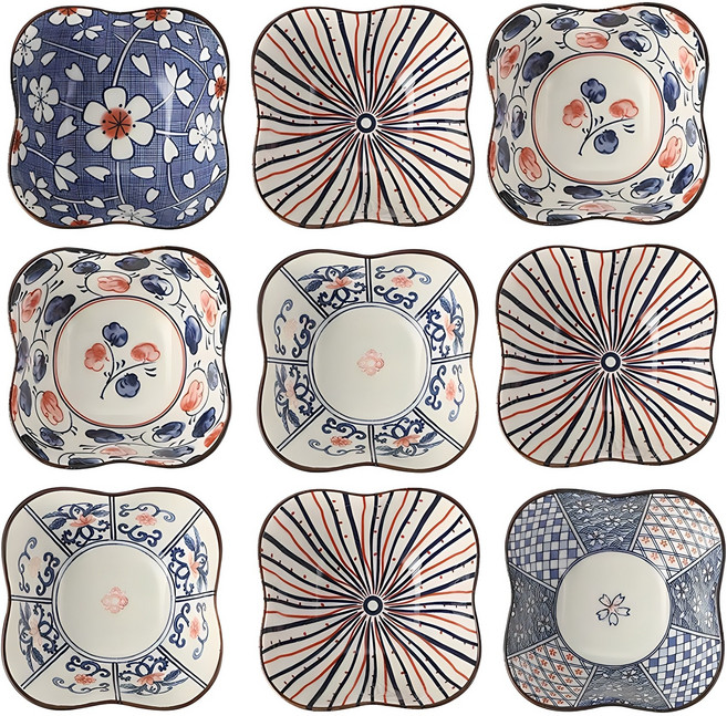 Jin Zhong Tai 세라믹 접시 세트 JD001, 9개, 패턴사쿠라+체크사쿠라+스트라이프+리본+수채화