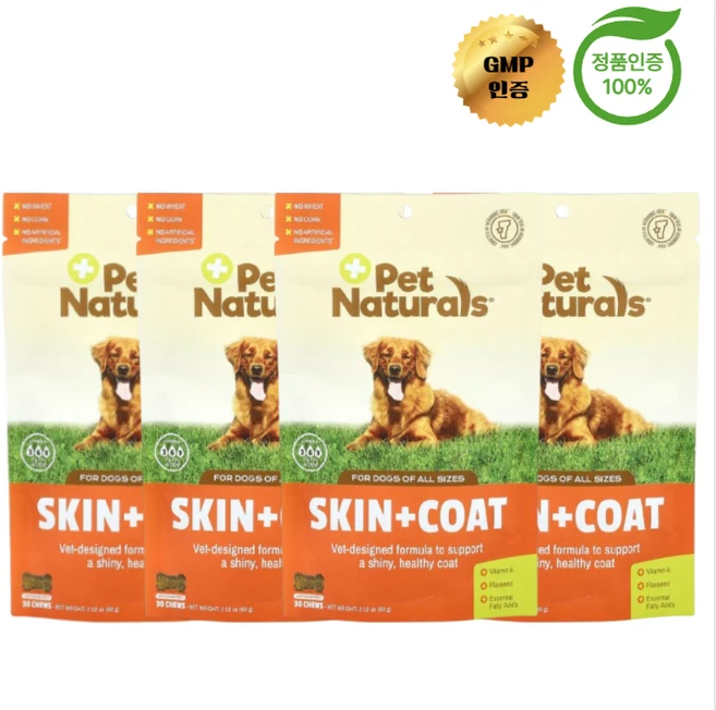 2+2 펫 내추럴스 오메가3 비타민E 피부 및 털 반려견용 츄어블 30개, 4개 - 쿠팡