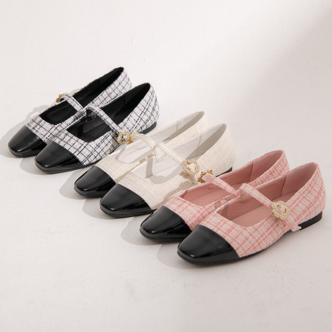 [255빅사이즈] 슈즈땡 트위드 배색 투톤 발편한 메리제인 플랫슈즈 단화 1cm