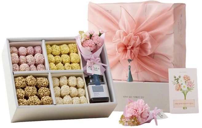 [가정의 달]카네이션+한과선물세트(보자기포장) 2호 부모님 선물 강릉한과 유과 답례품 어버이날 스승의날 상견례, 1개, 810g