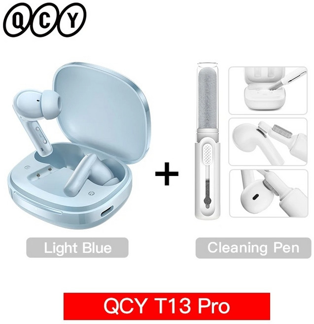 QCY T13 Pro 무선 이어폰 블루투스 ANC 노이즈캔슬링, 연한 파랑 펜