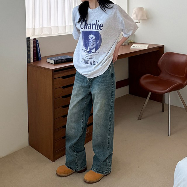 솔리드 세미와이드 일자 데님팬츠 기본/롱 2기장 빅사이즈 S~XXXL