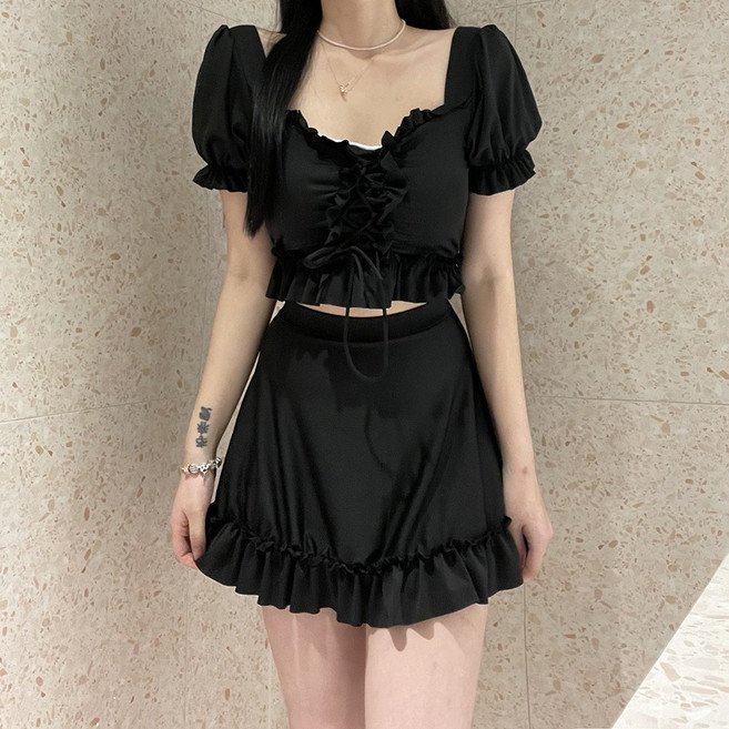 VANANA2 여성 투피스 오프숄더 러블리 셔링 퍼프 크롭 반팔 치마 원피스 수영복, 검정