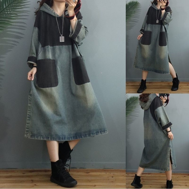 Choyur여성 봄여름 후드 청원피스 심플 대주머니 루즈핏wjj