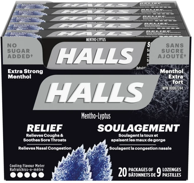 Halls 호올스 엑스트라 스트롱 멘톨 무설탕 기침 캔디 시원함 기침 완화 인후통 코스트코 대용량 캐나다, 20개, 36g - 쿠팡