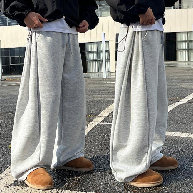 [1+1/두장묶음](기모/쭈리) 남녀공용 옆트임 사이드 핀턱 커브드 숏기장 롱기장 벌룬 와이드 트레이닝 팬츠 3color 6358