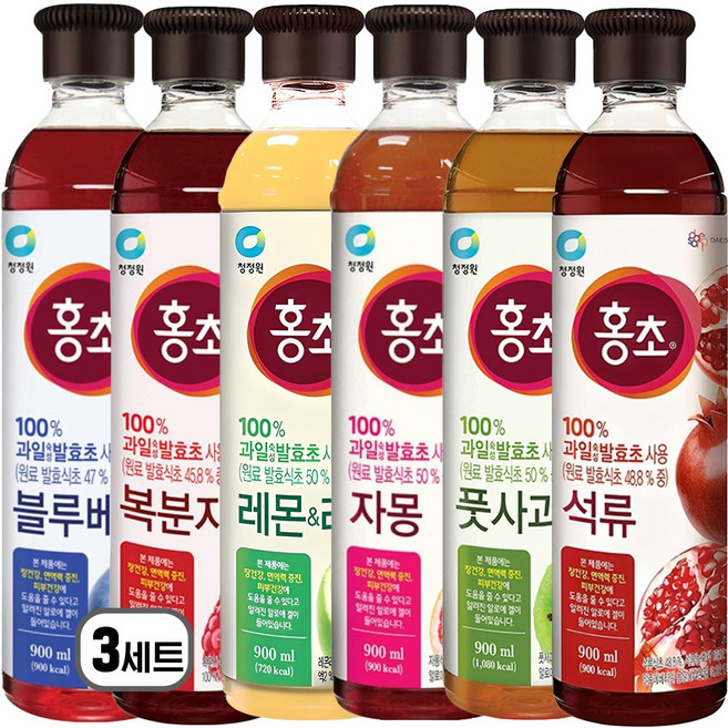 청정원 홍초 6종 블루베리 + 복분자 + 레몬라임 + 자몽 + 풋사과 + 석류, 3세트, 5.4L