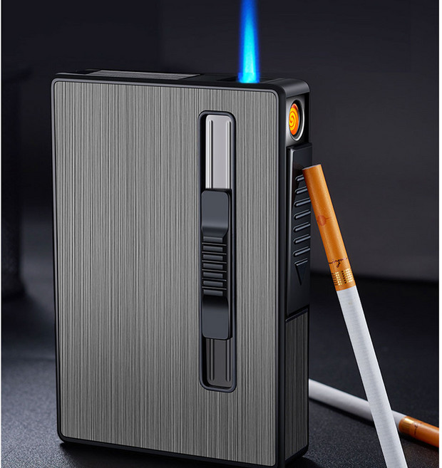 슬림 담뱃갑 얇은 긴 에쎄 20개비 메탈 담배 케이스 usb 가스 충전식 라이터 일체형 슬라이드, 블랙, 1개