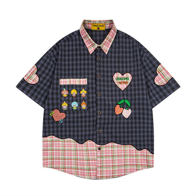 【趣味卡通刺繡】男士襯衫 短袖襯衫 格紋襯衫 寬鬆襯衫 夏季襯衫 不規則拼接 設計感廓形 潮流休閒穿搭 街頭風