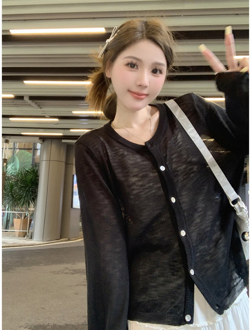 梨卡 女裝 蝴蝶結刺繡針織薄外套 夏季防曬長袖 慵懶風, 黑色-現貨馬上出貨
