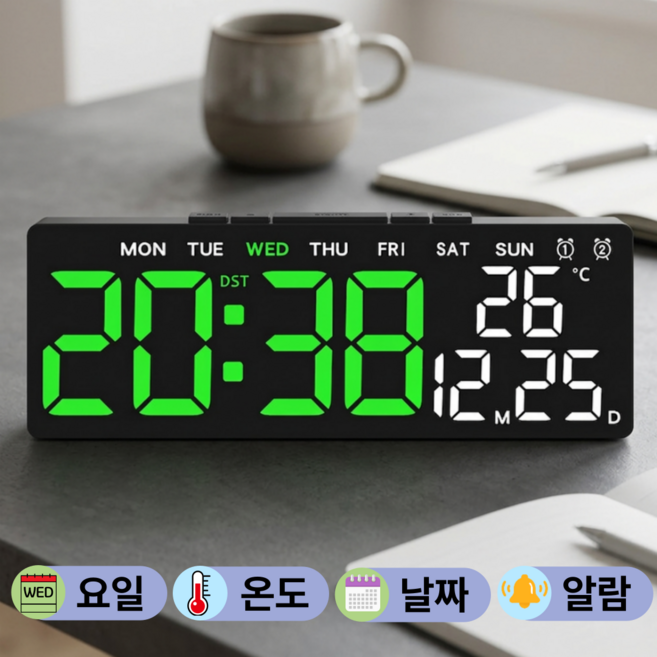 레보나 무소음 인테리어 디지털 LED 탁상시계, 그린 LED+블랙케이스