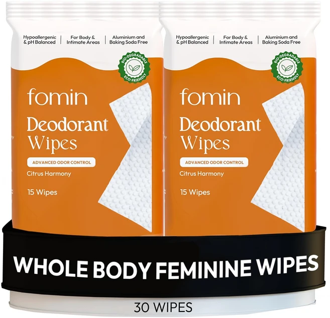 여성용 FOMIN 산성 데오드란트 물티슈 - 30 카운트 버라이어티 팩 저자극성 pH 균형 전신 플라스틱 프리 각질 제거 및 고급 냄새 제어 겨드랑이 바디, Citrus Harmony, 1_15 Count (Pack of - 쿠팡