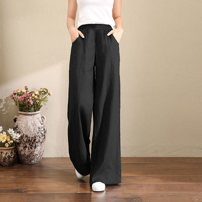 슬림소녀 여성 여름 빅사이즈 면마 와이드 팬츠 하이웨스트 린넨 캐주얼 슬랙스