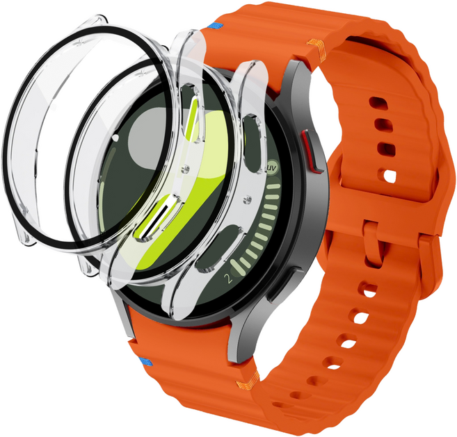 데일리피 갤럭시워치 호환 실리콘 컬러풀한 스티치 스트랩 8/7/6/6클래식/5/5프로/4/4클래식+PC 케이스 2개, 오렌지/투명