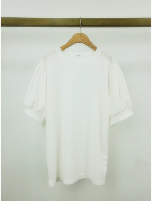 퍼프 스타일 셔링 소매 스판 라운드넥 반팔티
