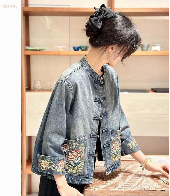 國風刺繡牛仔外套