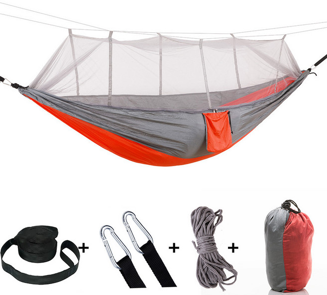 蚊帳吊牀戶外防蚊露營吊牀帶蚊帳210T降落傘布加密網紗尼龍吊牀, 1個, 灰拼桔:如圖