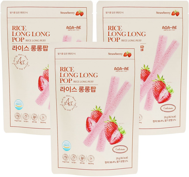 라이스롱롱팝 유기농 쌀과자 떡뻥, 20g, 3개, 딸기
