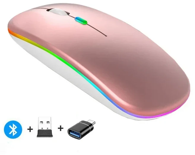 쿠쿠스토어 무선 마우스 블루투스 호환 RGB 충전식 컴퓨터 무소음 LED 백라이트 인체공학적 게이밍, 01 LED-Rose OTG