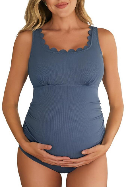 Summer Mae Ribbed Maternity One Piece Swimsuit Scalloped Cut Out Pregnancy Bathing Suit Square Nec