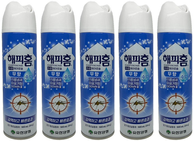 유한양행 해피홈 에어로솔 모기.파리살충제/무향, 5개, 500ml