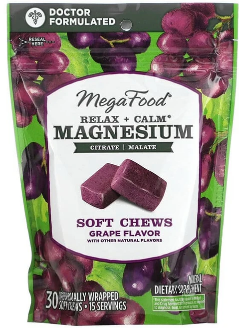 MegaFood Relax + Calm 마그네슘 소프트 츄 포도 맛 개별 포장된 소프트 츄 30개(츄 1개당 125mg) MGF-10399, MegaFood 메가푸드, 릴랙스 + 칼름 마그네슘 소, 1개 - 쿠팡