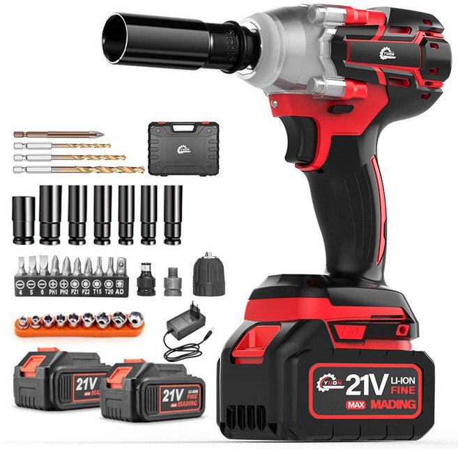 YUON 독일 21V 980Nm 고출력 충전 임팩드릴 세트 전동 임팩 렌치 무단변속 충전 임팩 드릴 렌치 드라이버 전문가형 3.0Ah 배터리 2개 풀세트, 1세트, 빨강