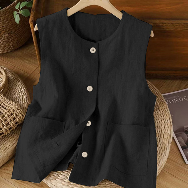 정장 조끼 여성 봄 여름 루즈핏 솔리드 베스트 캐주얼 박시 나시 상의 빈티지 캐주얼 면 마 아우터 WMY