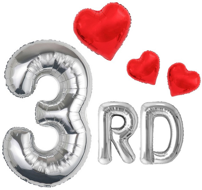 해피제이니 실버 특별한 기념일 초대형 숫자풍선 하트 호일풍선 파티용품 세트, 1세트, 실버 3년
