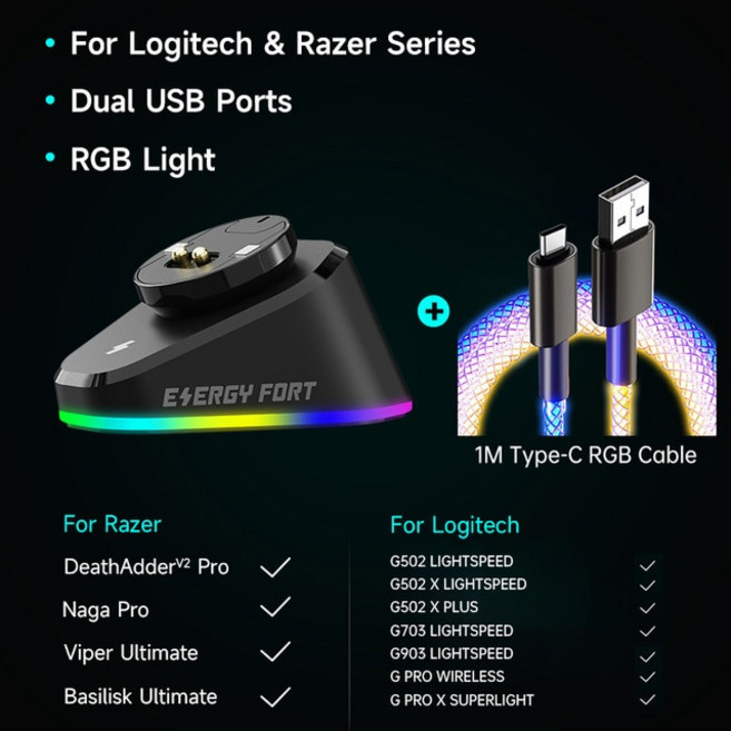 Logitech G403 G502 X Plus HERO Lightspeed Dock Station G PRO Superlight Hero GPW2 용 게임용 마우스, [01] with RGB Cable