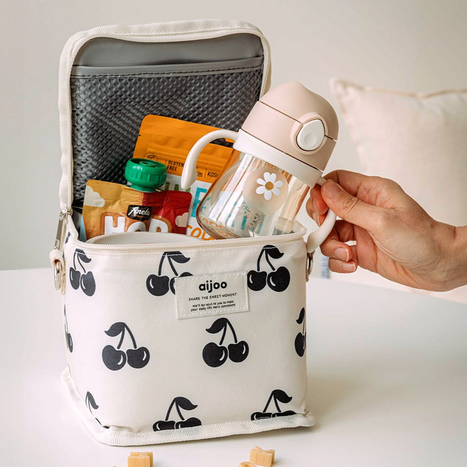 아이주 미니 쿨러백 도시락 보온보냉 이유식 가방, 화이트체리 미니쿨러백