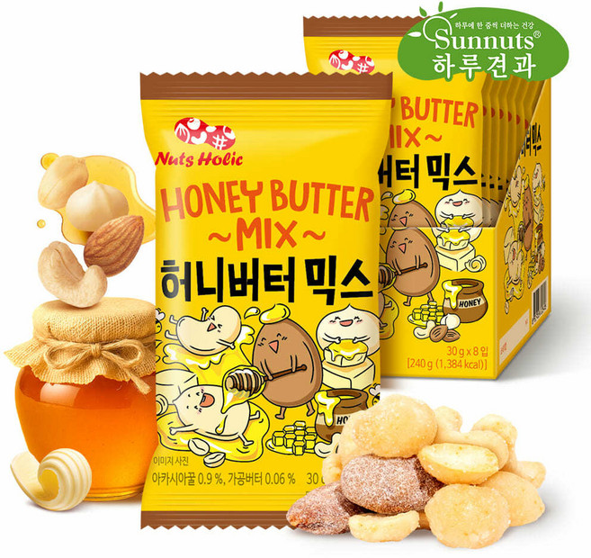 [하루견과] 허니버터믹스 30gx8입케이스/ 아몬드/ 캐슈넛/ 땅콩/ 마카다미아, 1박스, 240g