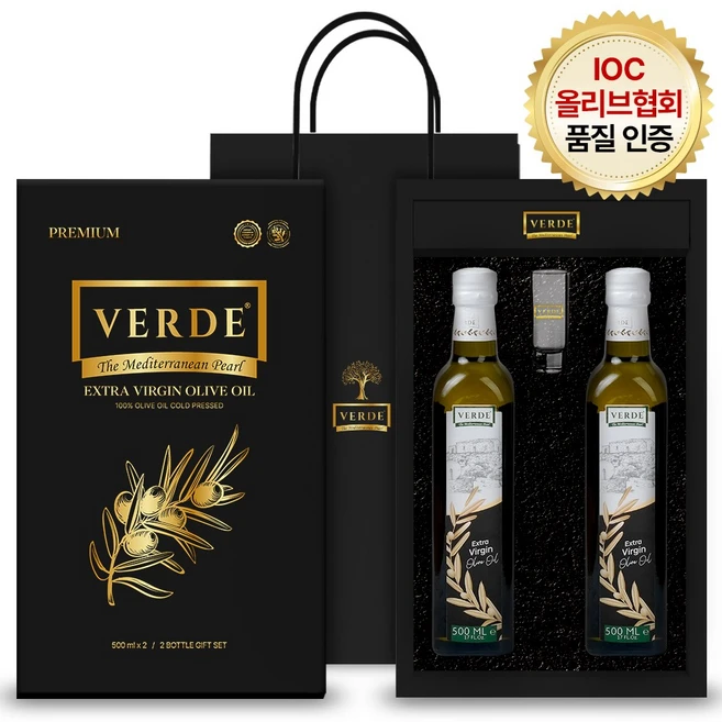 [선물세트] 베르데 엑스트라버진 올리브오일 500ml x 2병 + 오일잔 + 쇼핑백, 1세트 - 쿠팡