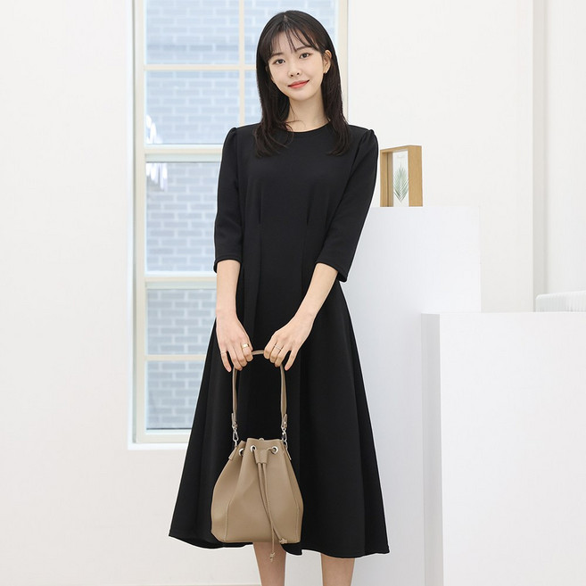 프롬코 여성 7부소매 핀턱 롱 원피스 FRC180