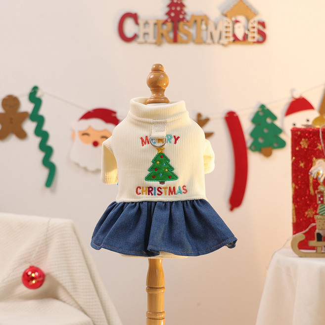 포아틀리에 강아지옷 소형견 하이넥 니트 데님 원피스 기념일 파티 촬영룩 설날 발렌타인, white 하얀색