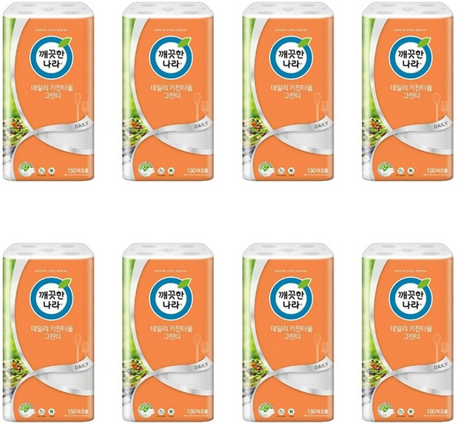 깨끗한나라 데일리 키친타올 그린티 150매, 8개입, 8개