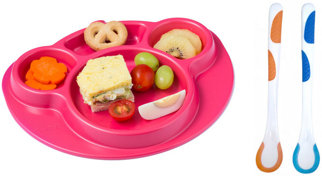 테디베어 옥수수로만든 엔젤 유아 식판 + 피셔프라이스 온도감지 스푼 2P, 1세트, 식판스푼세트, 블루