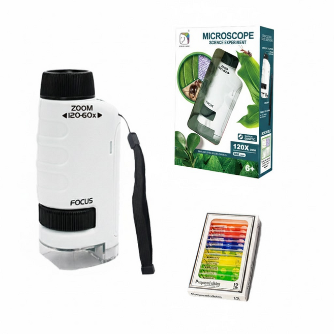 SUNNI 아동용 휴대용 현미경: 플렉서블 LED 탑재 + 관찰용 표본 12종 세트 (야외 탐험용), 120, 1개