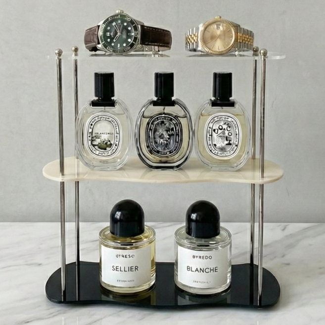 유유랩 아크릴 선반 화장품 정리대 DIY 미드센츄리, 투명+크림+블랙, 3단