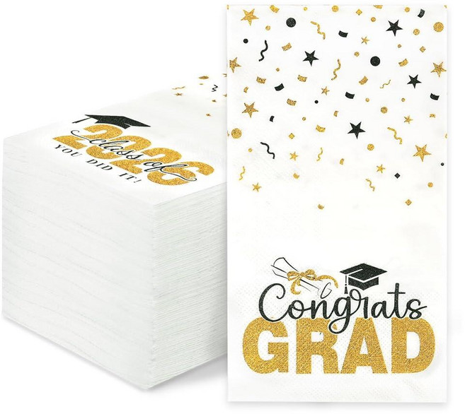 200 Pack Class of 2026 Graduation Napkins Blue Gold Disposable Congrats Grad Cocktail Napkins Pap, Black Gold