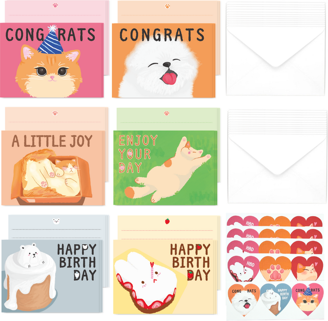 생일 축하 미니 메세지 카드 6종 24세트 봉투 스티커 포함, 1개, 혼합