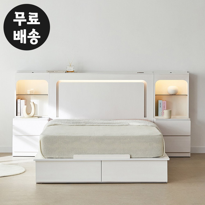 모엘 화이트 수납형 침대프레임 퀸 사이즈+협탁 2개 평상형 침대 서랍형 부부 받침대