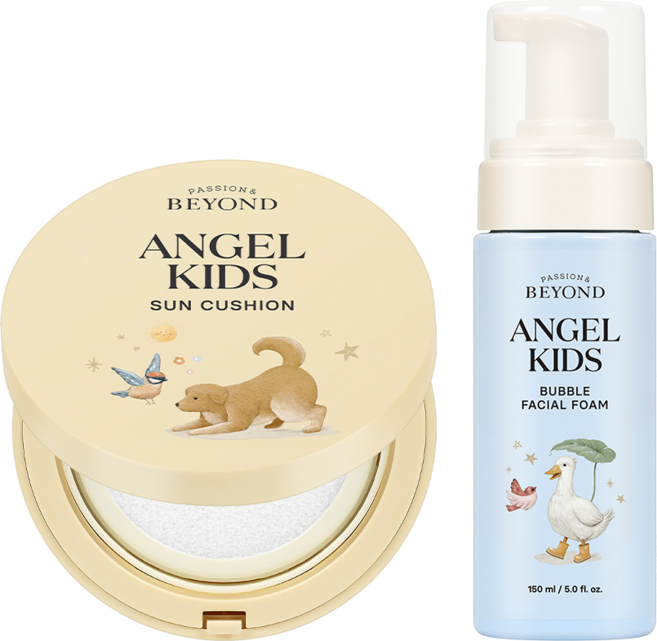 베이비 선케어 묶음딜 비욘드 엔젤키즈 이지워시 선쿠션 본품 15g+리필 15g SPF 37 / PA+++엔젤키즈 버블 페이셜 폼 150mL