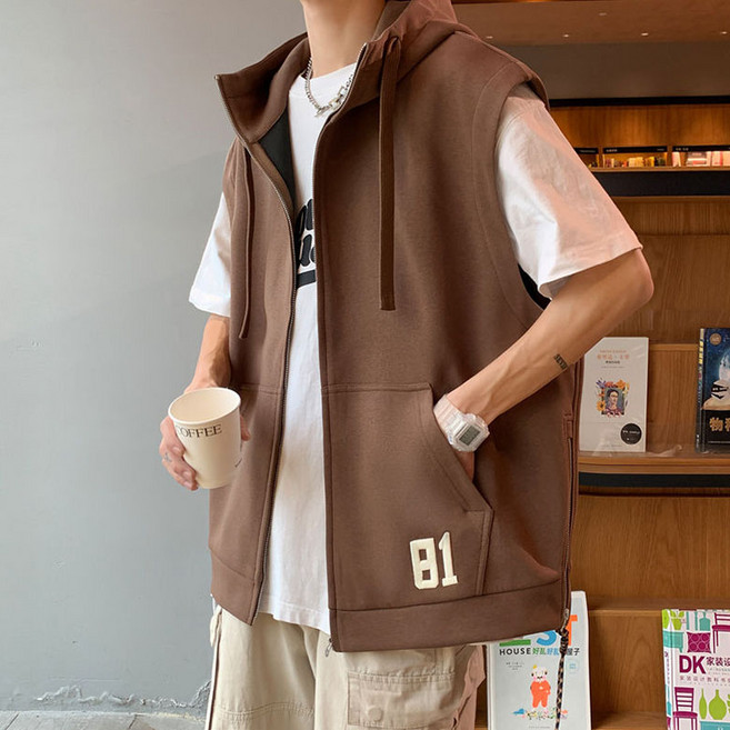 ORZQU 남성 여름 빅사이즈 후드 조끼 레터링 프린트 나시 자켓 베스트