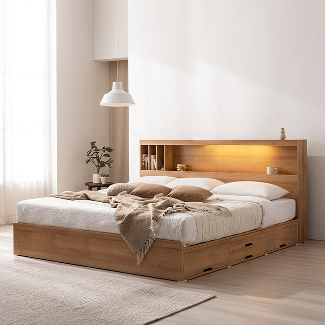 삼익가구 클로드 책장형 LED 4단 수납 라지킹 침대, 오크_매트리스제외